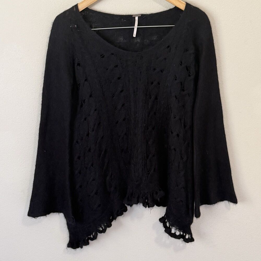 Free People Womens S Black Alpaca Blend Open Knit Boho Bell Sleeve Sweater